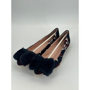 Kate Spade Elen Flats Size 8 Navy Multi Fox Print Pom Pom New In Box